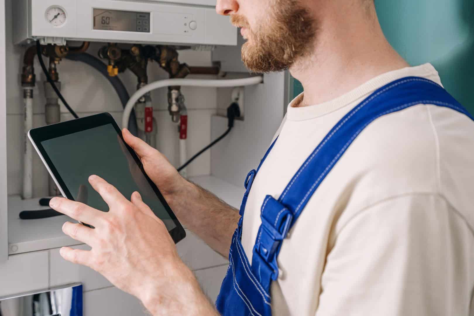 Gas engineer carrying out boiler repairs and servicing in Horley